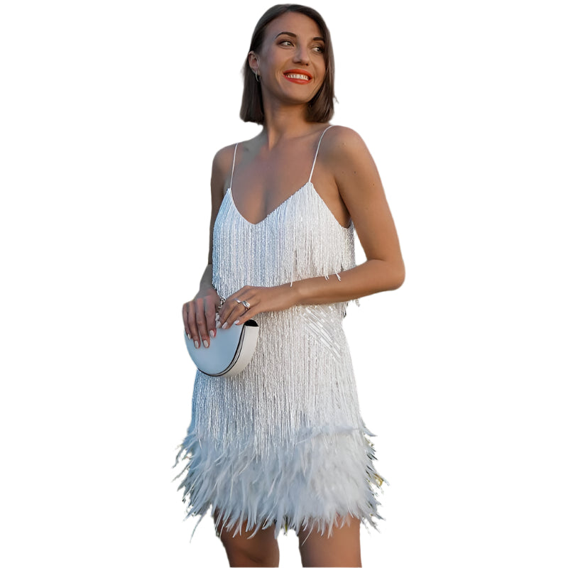 Cocktailkleid mit Federn und Pailletten | Sambakleid