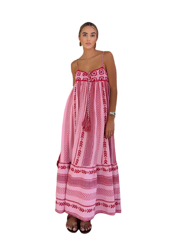Damen Maxikleid im Bohemian Stil | Verstellbare Träger & Stickmuster
